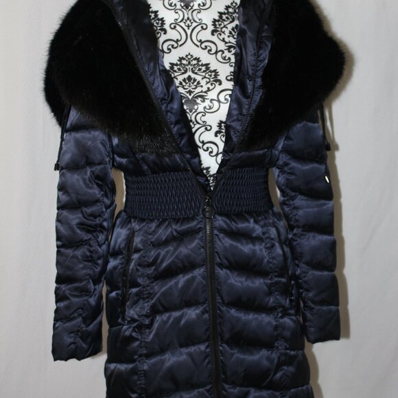 LAUNDRY Shelli Segal Los Angeles Stadium Puffer BLUE + Faux Fur Small S NWOT's - Picture 1 of 12